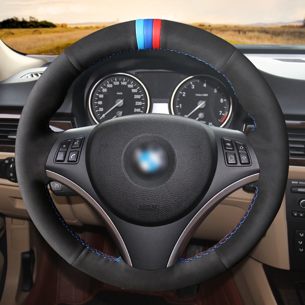 Loncky Black Genuine Leather Custom Steering Wheel Cover for BMW E90