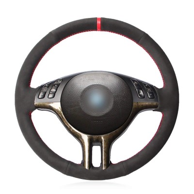 Loncky Auto Black Suede Custom Fit Car Steering Wheel Cover for BMW E39 E46 325i E53 X5 Interior Accessories Parts (Red Thread)