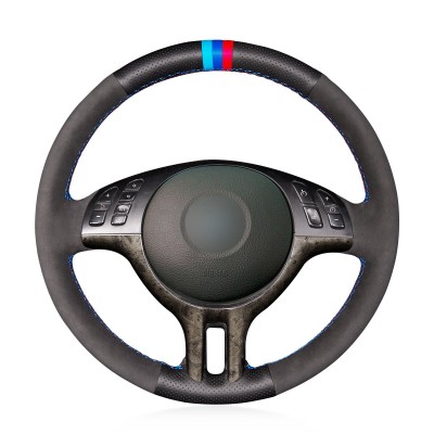 Loncky Auto Black Suede Black Genuine Leather Custom Steering Wheel Cover for BMW E39 E46 325i E53 X5 Interior Accessories Parts 