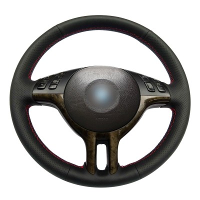 Loncky Auto Black Genuine Leather Custom Steering Wheel Cover for BMW E39 E46 325i E53 X5 Interior Accessories Parts (Balck Leather,Red Blue Thread)