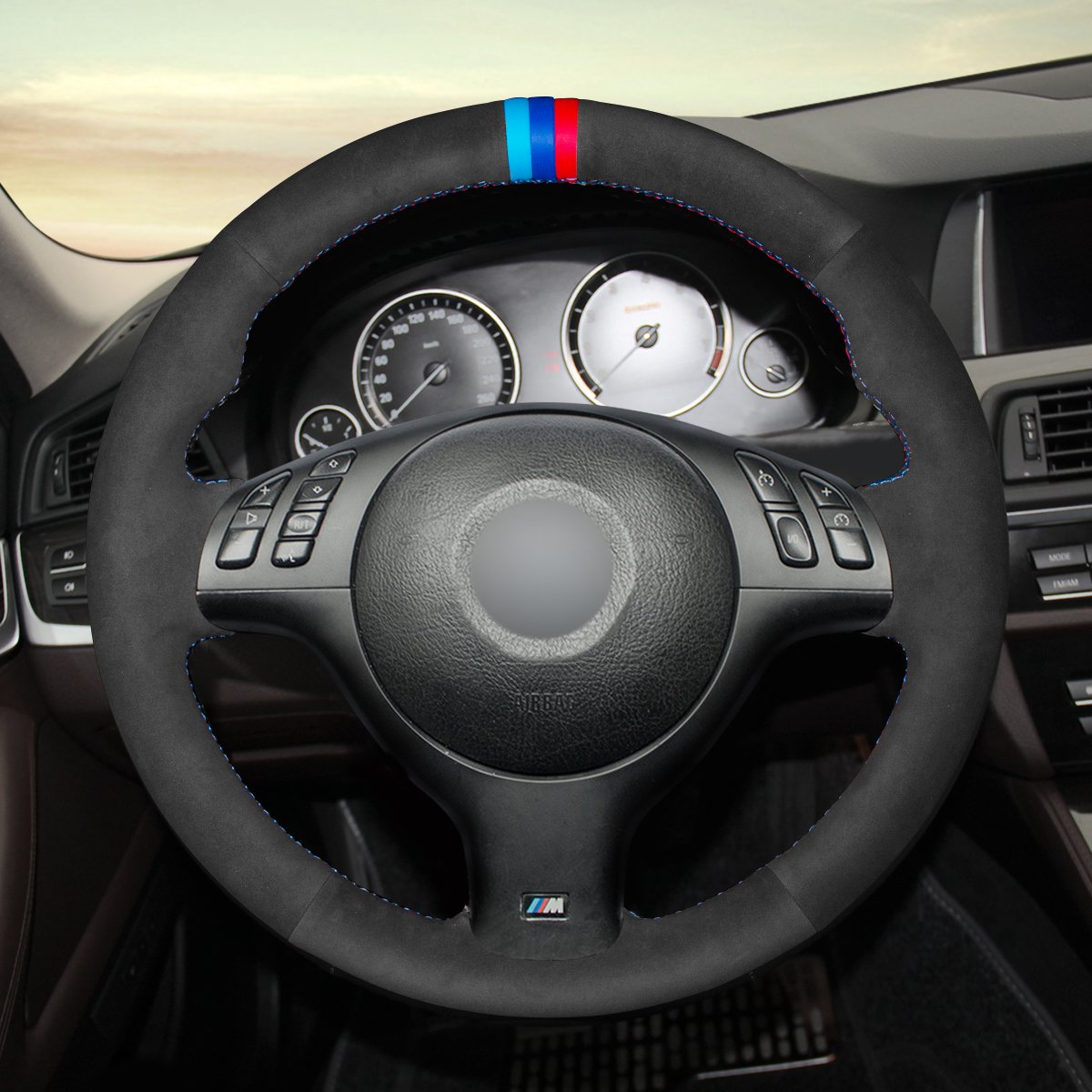 Loncky Black Genuine Leather Custom Steering Wheel Cover for BMW E46