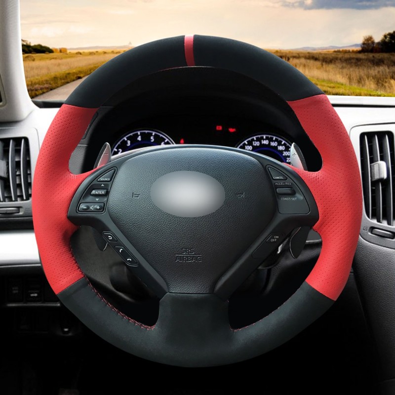 Loncky Auto Black Suede Red Genuine Leather Custom Steering Wheel