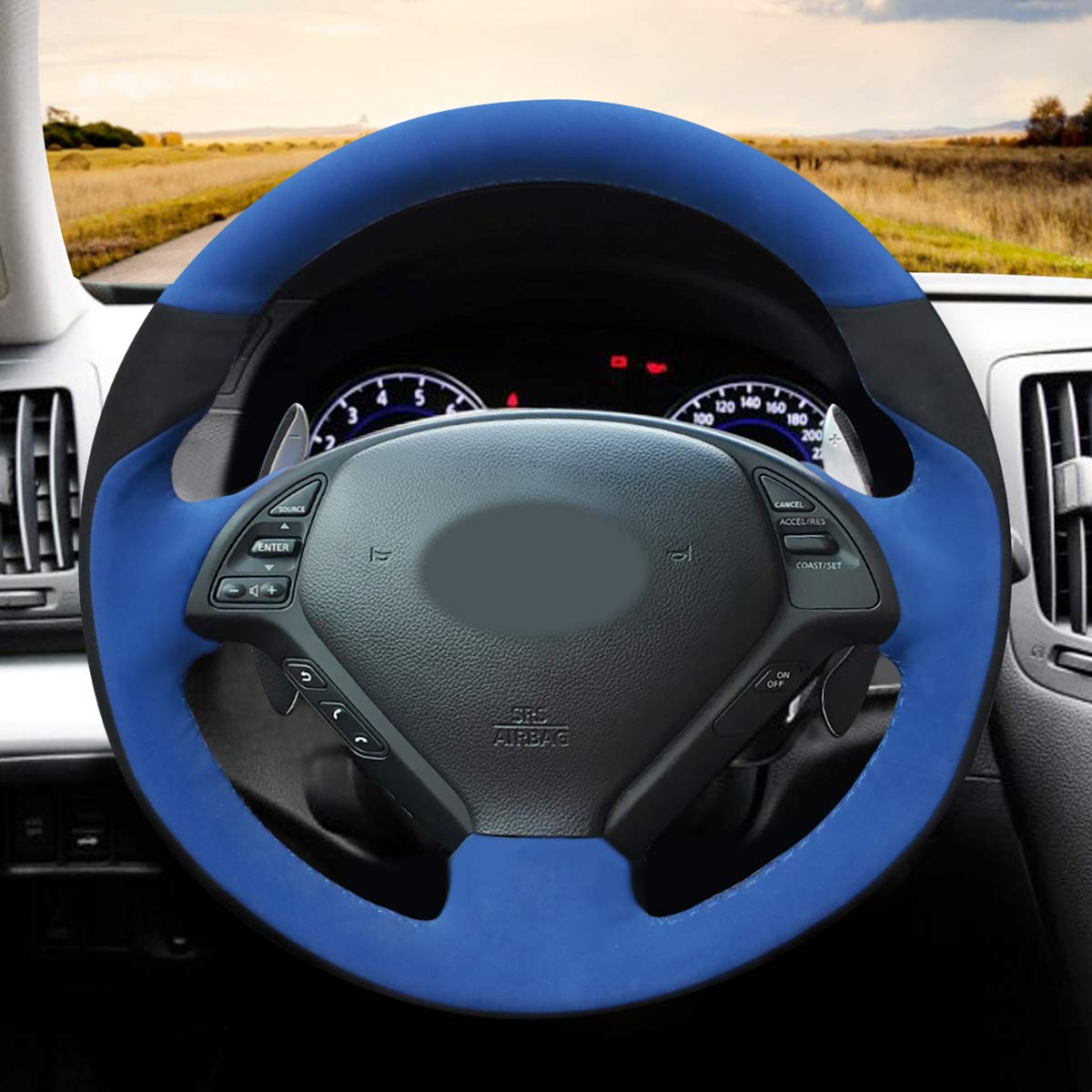 Loncky Auto Black Blue Suede Custom Steering Wheel Cover for Infiniti G37 Q60 QX50 G35 EX35 EX25