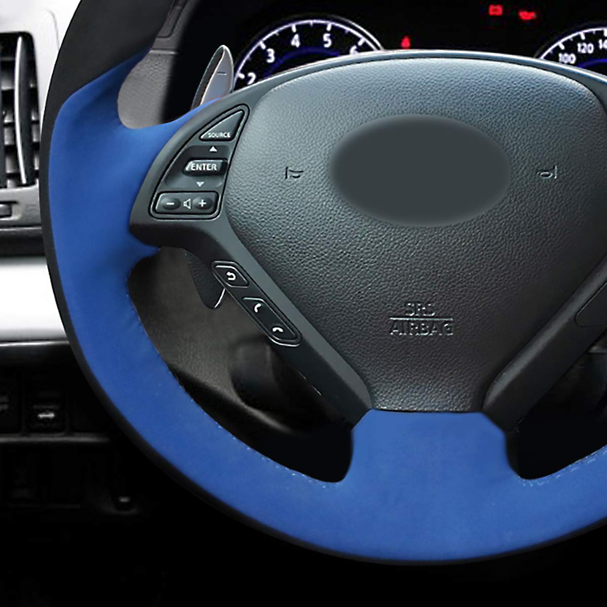 Loncky Auto Black Blue Suede Custom Steering Wheel Cover for Infiniti