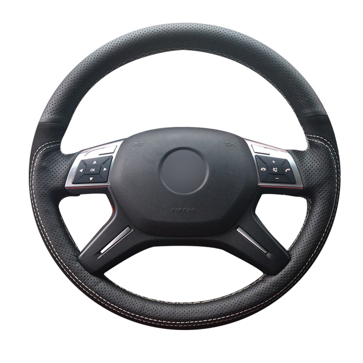 Loncky Auto Custom Fit Black Genuine Leather Black Suede Steering Wheel