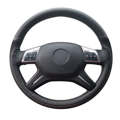 Loncky Auto Custom Fit Black Genuine Leather Black Suede Steering Wheel Cover for Mercedes Benz GL350 BlueTEC / GL450 4MATIC / GL550 4MATIC / Mercedes Benz ML250 BlueTEC 4MATIC / ML350 / ML350 4MATIC / ML400 4MATIC / ML550 4MATIC Accessories