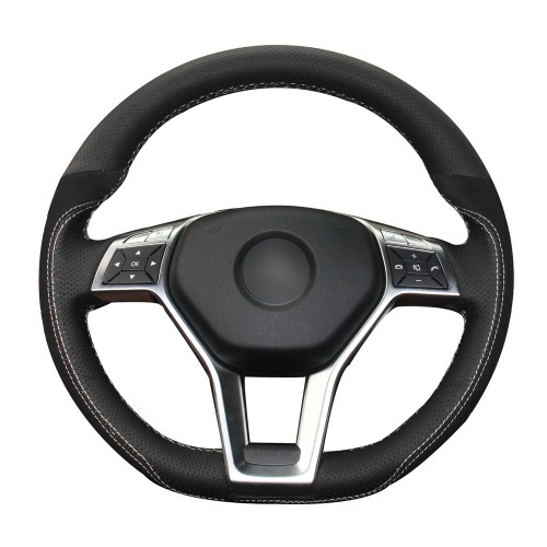 Loncky Auto Custom Fit Black Genuine Leather Black Suede Steering Wheel Cover for Mercedes Benz C350 C250 C300 / CLA250 CLS550 / E250 E350 E400 E550 / GLA45 AMG / SL550 SL400 SLK250 SLK300 SLK350 Accessories