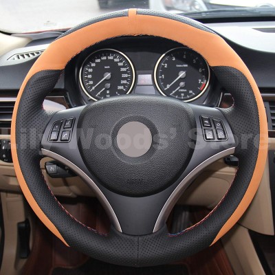 Loncky Apricot Suede Black Genuine Leather Custom Fit Car Steering Wheel Cover for BMW 128i 135i BMW 325i 328i BMW 328 xi BMW 328 i xDrive BMW 330 xi BMW 335i 335 xi BMW 335 d BMW 335 i xDrive Accessories