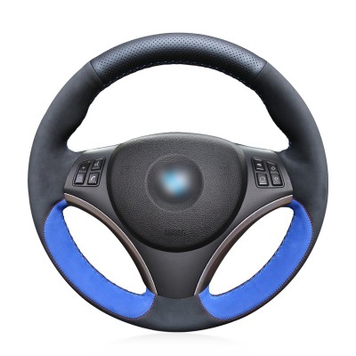 Loncky Auto Black Blue Suede Black Genuine Leather Custom Steering Wheel Cover for BMW 128i 135i BMW 325i 328i BMW 328 xi BMW 328 i xDrive BMW 330 xi BMW 335i 335 xi BMW 335 d BMW 335 i xDrive Accessories Part