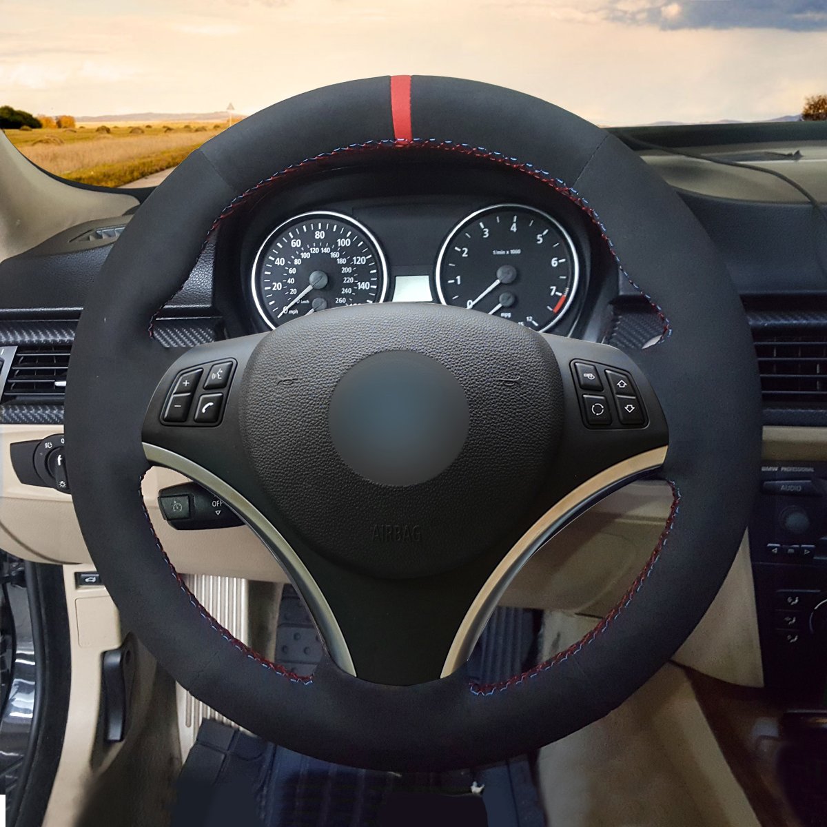Loncky Auto Black Suede Black Genuine Leather Custom Steering Wheel Cover for BMW 128i 135i BMW