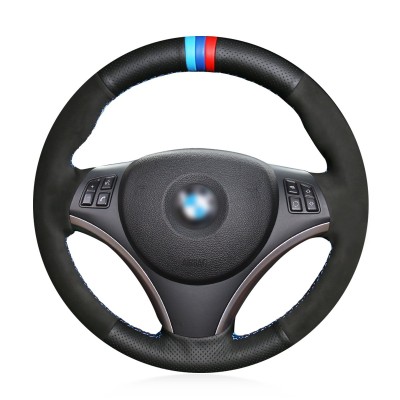 Loncky Black Genuine Leather Black Suede Custom Fit Car Steering Wheel Cover for BMW 128i 135i BMW 325i 328i BMW 328 xi BMW 328 i xDrive BMW 330 xi BMW 335i 335 xi BMW 335 d BMW 335 i xDrive Accessories