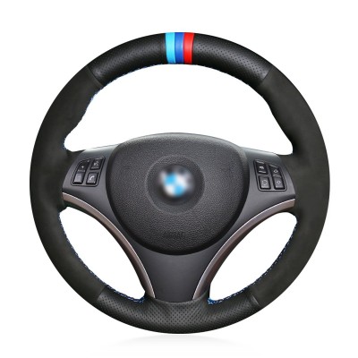 Loncky Black Genuine Leather Black Suede Custom Fit Car Steering Wheel Cover for BMW 128i 135i BMW 325i 328i BMW 328 xi BMW 328 i xDrive BMW 330 xi BMW 335i 335 xi BMW 335 d BMW 335 i xDrive Accessories