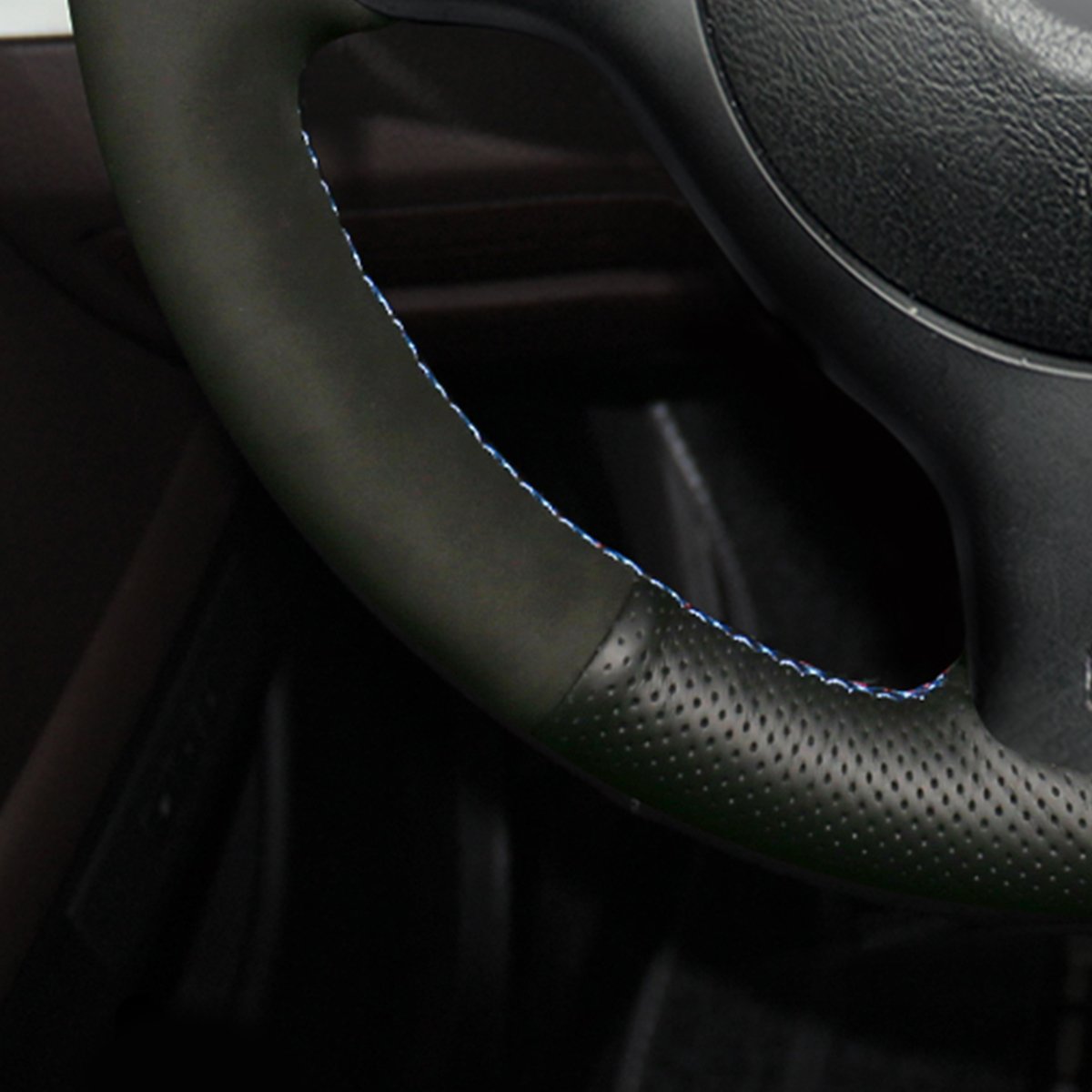 Loncky Black Genuine Leather Custom Steering Wheel Cover for BMW E46