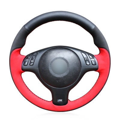 Loncky Auto Black Red Suede Black Genuine Leather Custom Fit Car Steering Wheel Cover for BMW E46 E39 330i 540i 525i 530i 330Ci M3 2001 2002 2003 Interior Accessories