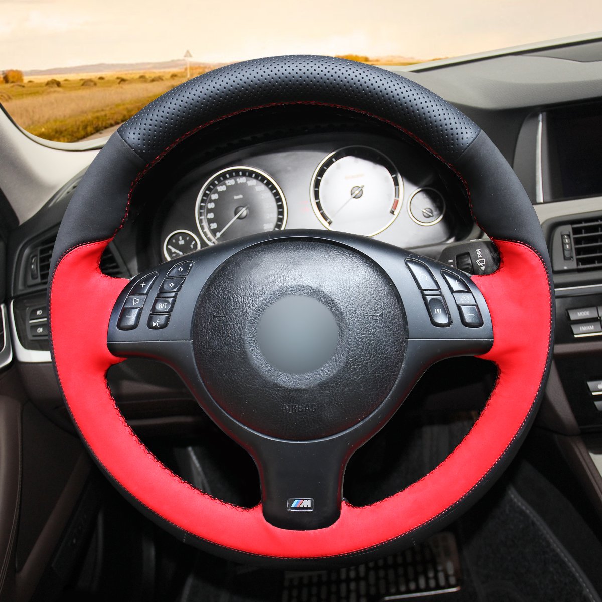 Loncky Black Genuine Leather Custom Steering Wheel Cover for BMW E46