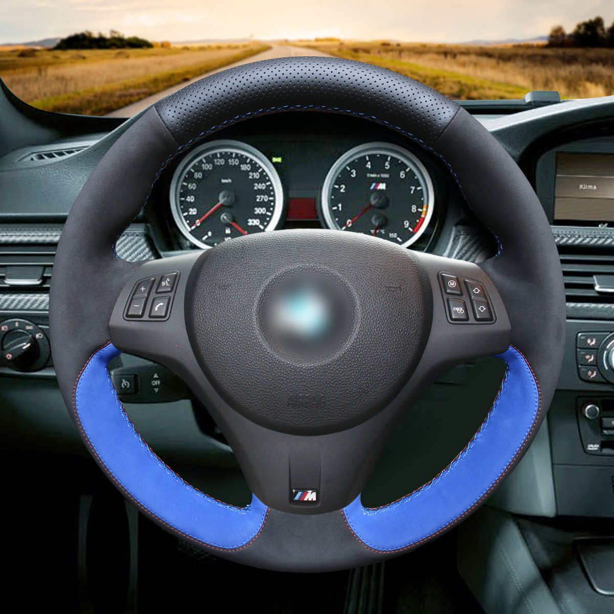 Loncky Auto Black Blue Suede Steering Wheel Covers for BMW E92 M3 2013