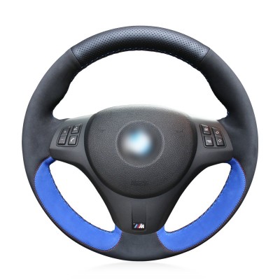Loncky Auto Black Blue Suede Genuine Leather Car Steering Wheel Covers for BMW E92 M3 2013 2012 2011 2010 2009 / 2011 BMW 1 Series M Interior Accessories Parts