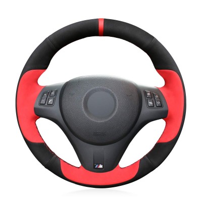 Loncky Auto Black Red Suede Custom Steering Wheel Cover for BMW 1 Series E81 E82 E87 E88 2008-2013/3 Series E90 E91 E92 E93 2006-2011 / M3 E90 E92 E93 2008-2013 Interior Accessories