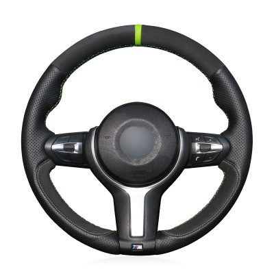 Loncky Auto Black Genuine Leather Black Suede Custom Steering Wheel Cover for BMW F87 M2 2016-2018 / F80 M3 2015 2016 2017 2018 / F82 M4 2015-2018 / M5 2014-2017 / F12 F13 M6 / F85 X5 M / F86 X6 M / F33 / F30 M Sport Accessories