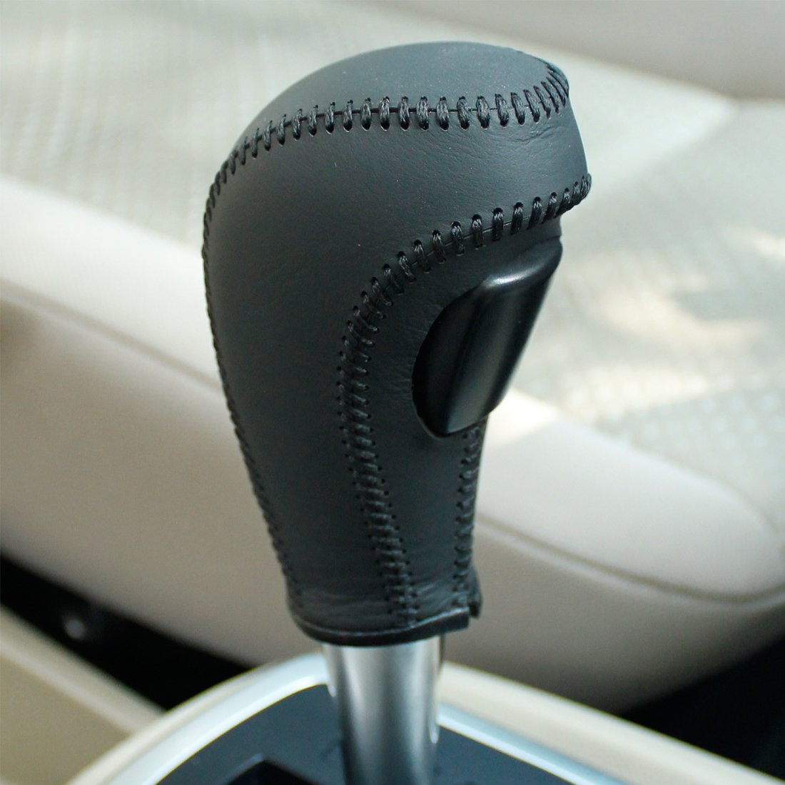 Loncky Black Genuine Leather Custom Gear Shift Knob Cover for Ford