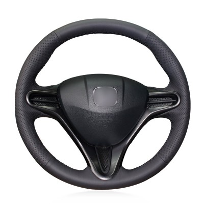 Loncky Auto Black Genuine Leather Steering Wheel Cover for Honda Civic Civic 8 2006 2007 2008 2009 2010 2011 (3-Spoke) Accessories