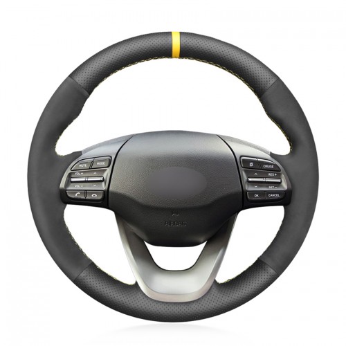 Loncky Auto Custom Fit Black Genuine Leather Black Suede Steering Wheel Cover for Hyundai Kona 2017 2018 2019 Accessories