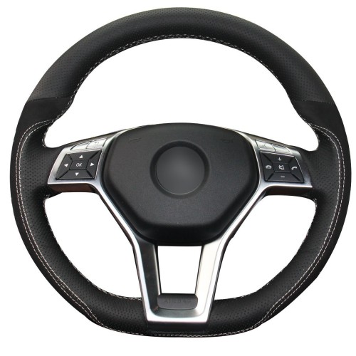 Loncky Auto Black Genuine Leather Black Suede Custom Steering Wheel Covers for Mercedes Benz C350 C250 C300 CLA250 CLS550 E250 E350 E400 E550 GLA45 AMG SL550 SL400 SLK250 SLK300 SLK350 Accessories