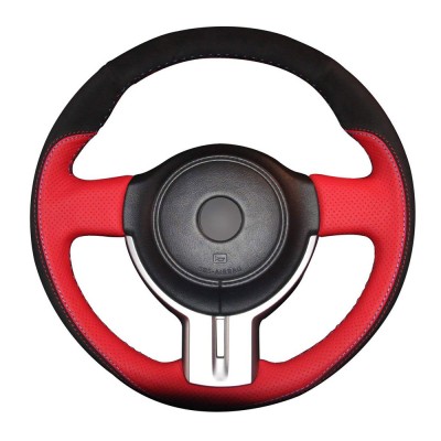 Loncky Auto Red Genuine Leather Black Suede Auto Custom steering wheel covers for Scion FR-S 2013 2014 2015 2016 Subaru BRZ 2013 2014 2015 2016 / Toyota 86 Accessories